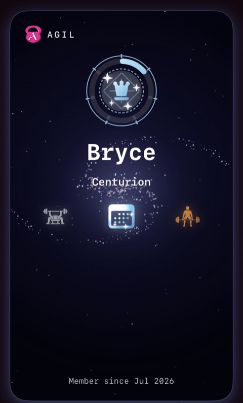 The Centurion profile card: a starfield with a swirling galaxy and a sparkling platinum queen.
