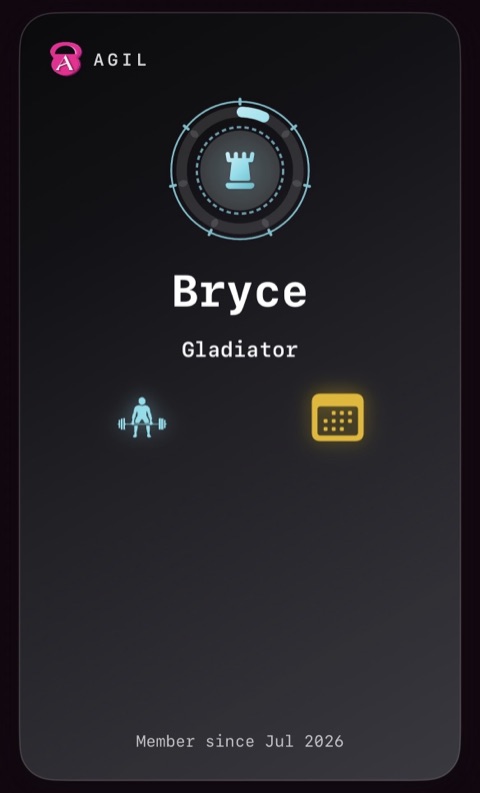 The Gladiator profile card: graphite gradient with an icy blue rook inside a ticked, dashed ring.