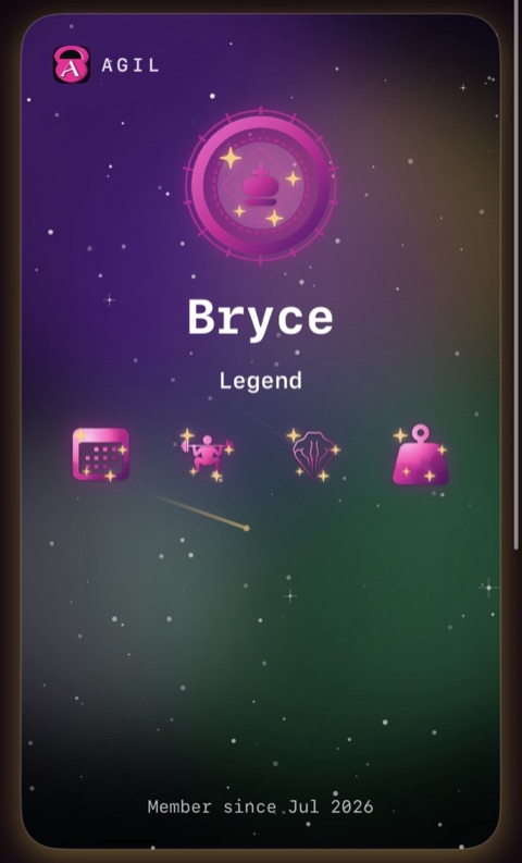 The Legend profile card: a purple-to-green aurora sky with a shooting star, a glowing pink king, and four sparkling pink badges.