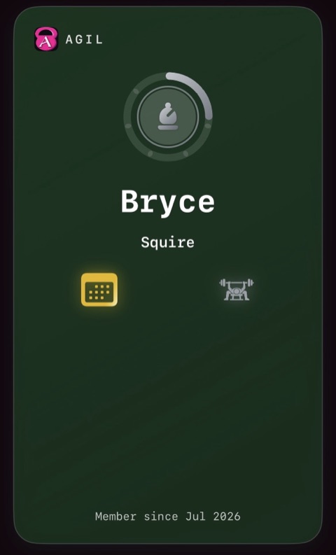 The Squire profile card: deep green with a silver bishop, its ring partly filled, and two showcased badges.
