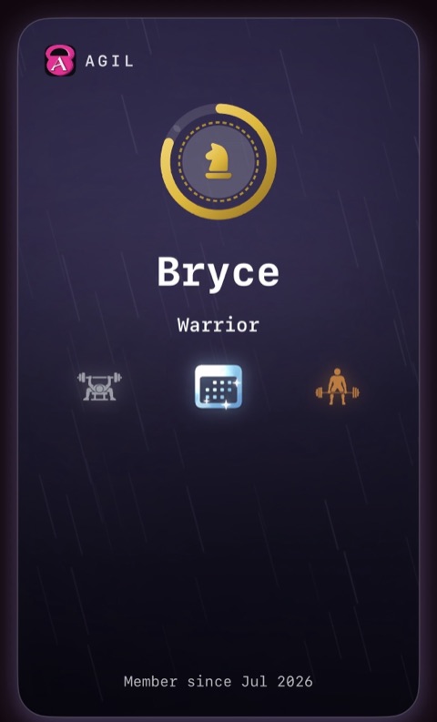 The Warrior profile card: dusky purple with falling rain, a gold knight in a gold ring, and three badges.