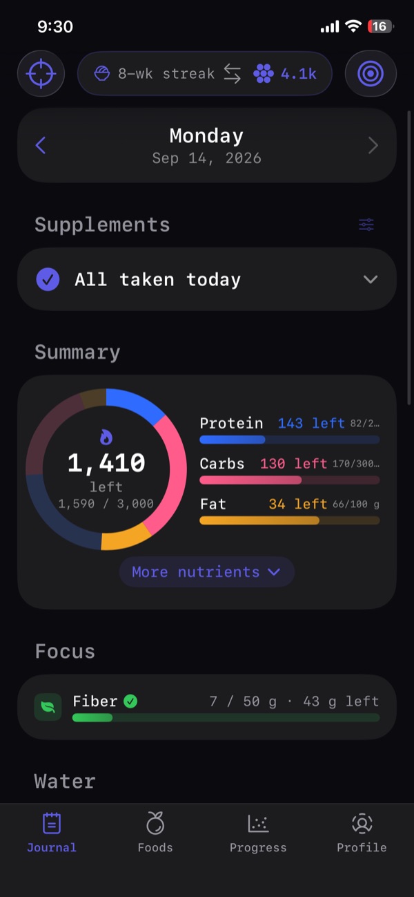 The same app flipped to the Food side. Now the pill reads “8-wk streak”, the
                          lifting streak, above the day's food journal.