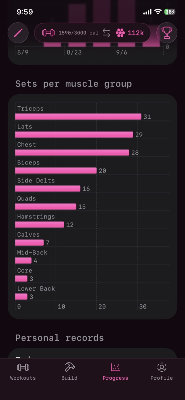 The Progress tab's “Sets per muscle group” bar chart in pink: Triceps 31,
                        Lats 29, Chest 28, Biceps 20, Side Delts 16, Quads 15, Hamstrings 12,
                        Calves 7, Mid-Back 4, Core 3 and Lower Back 3.